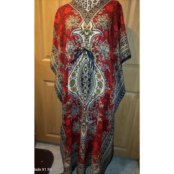 Women Long Kaftan Women One Size Maxi Dress Beach Caftan Poncho Red - Picture 2 of 6
